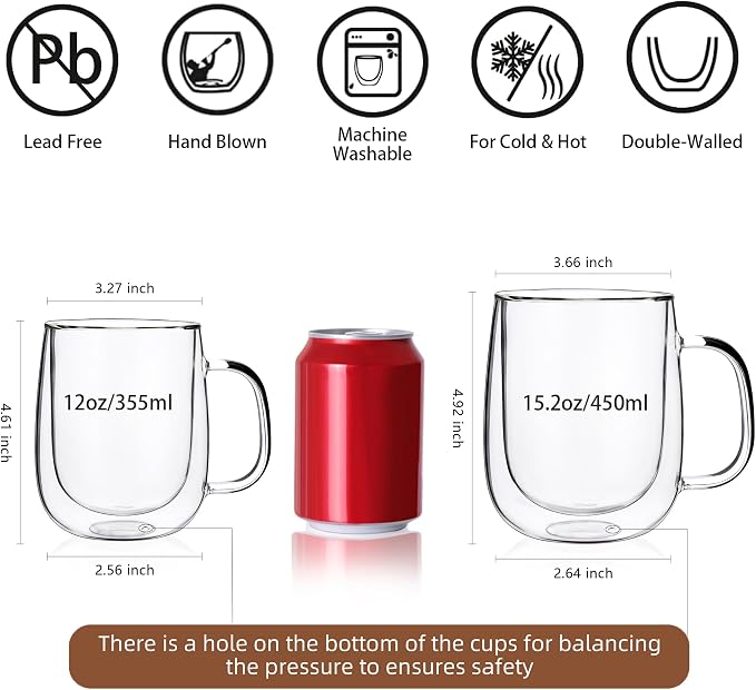 CNGLASS Large Double Wall Glass Coffee Mug 15.2oz,Clear Insulated Glass Espresso Cup with Big Handle,set of 2