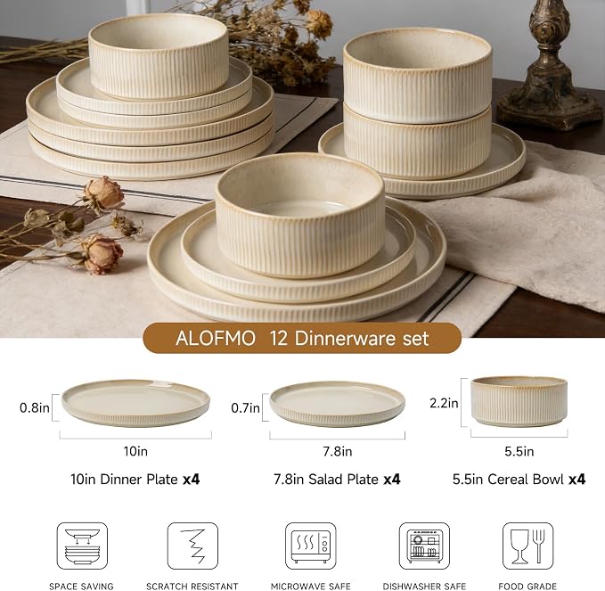 Stoneware Dinnerware Sets, Plates and Bowls Sets for 4, 12-Piece Ribbed Dishes – Chip & Scratch Resistant, Microwave and Dishwasher Safe Tableware, Beige