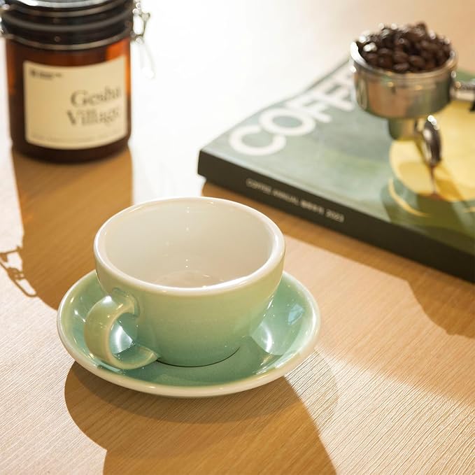 Loveramics Coffee Cup Ceramic, 10 oz Latte Art Cup with Saucer for Cappuccino, Tea, Espresso, Thick - walled stoneware Cappuccino mug Set for Cafe and Barista - Potters Colours (Basil, 10OZ)