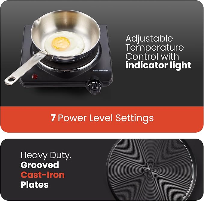 Elite Gourmet Countertop Electric Burner, 1000W Cast Iron Hot Plate, 7 Heat Settings, Portable Cooktop for RV, Dorm, Office & Small Kitchens, Road-Ready & Compact (Pack of 4)