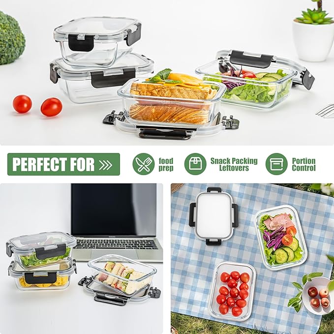 36 OZ Glass Food Storage Containers with Lids Set of 6, Meal Prep Containers for Lunch, 22 OZ Airtight Glass Lunch Containers Set of 6, Microwave, Oven, Freezer & Dishwasher Safe, BPA-Free