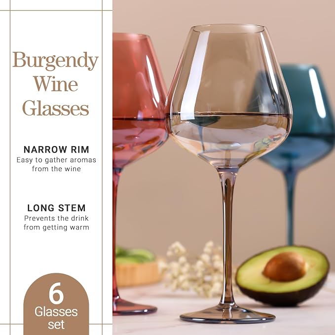Physkoa Mocha Mousse Color Wine Glasses Set 6-18oz Long Stem Smokey Gray Wine Glasses-Hand Blown Mocha Stemware for Home Decro Pary