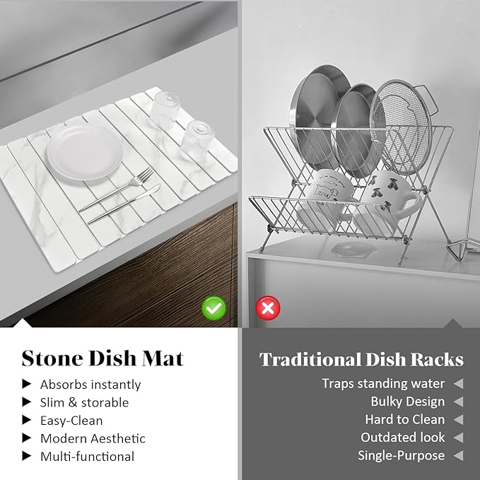 Large Stone Dish Drying Mats for Kitchen Counter, 24"(L)×16"(W) Marble-Pattern Dish Drying Mat, Eco-Friendly Absorbent Diatomaceous Earth Mats for Dishes Bottles Cups, Match Any Countertop