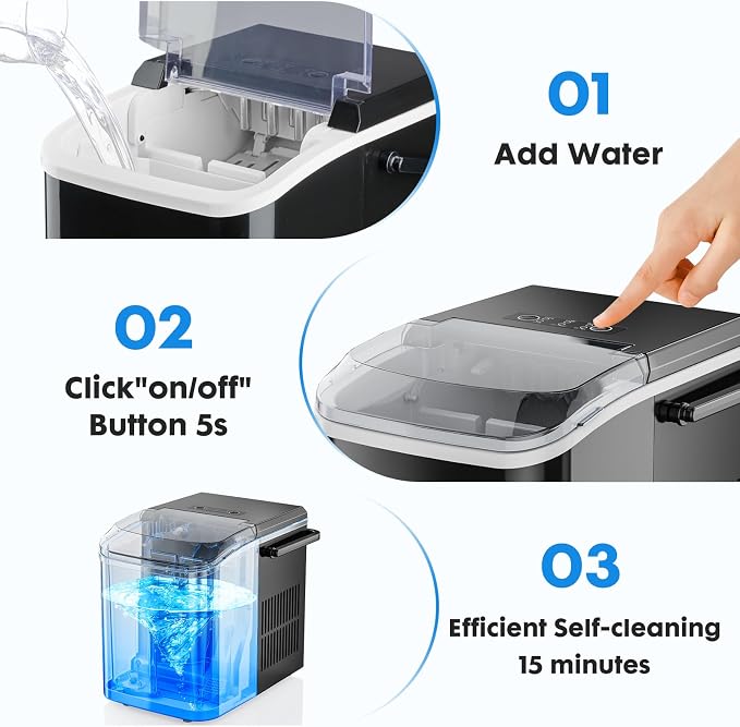 Hexago Countertop Ice Maker, 6-Min Fast Ice Machine with 2 Sizes Bullet Ice, Self-Cleaning Portable Ice Maker with Handle, 26.5 lbs/24H, Quiet Ice Maker for Home, Office, RV & Party