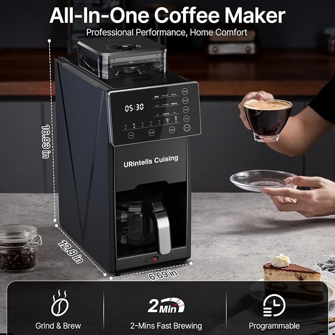 URintells Cuising Coffee Maker with Grinder, 22OZ Drip Coffee Maker with Glass Carafe and Removable Filter, Programmable Hot and Cold Bean to Cup Coffee Machine with Timer, Auto Shut Off
