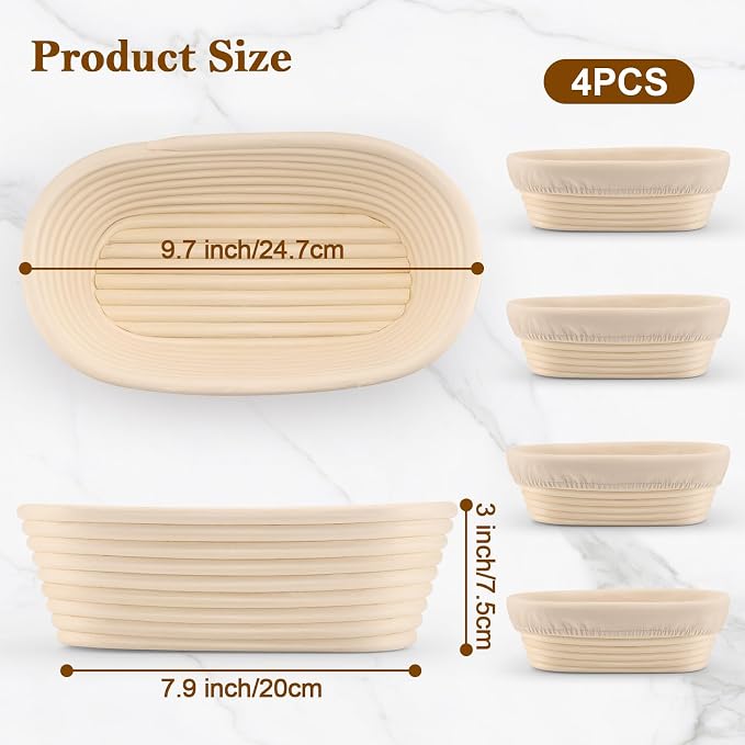 4 Pack 10 Inch Oval Banneton Bread Proofing Basket, Rattan Sourdough Bread Baskets with Liners for Home Baking