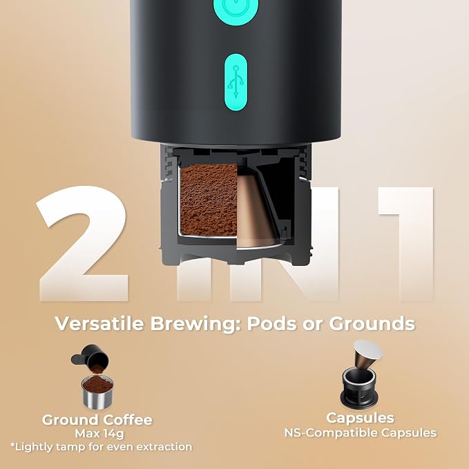 HAUSHOF Portable Electric Espresso Machine, 20 Bar Fast Heat-Up Travel Coffee Maker, USB-C Rechargeable Compatible with Ground Coffee & NS Capsules, for Car, Camping, RV, Hiking & Office