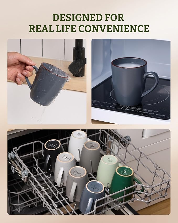 famiware Venus Coffee Mugs for 6, 13 oz Mug Set, Dringking Cup with Handle for Coffee, Tea, Cocoa, Milk, Charcoal