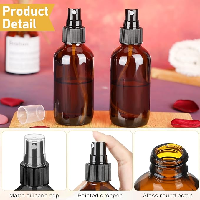 Yungyan 100 Pcs 4 oz Mini Glass Spray Bottles Empty Small Essential Oil Bottles Fine Mist with 3 Funnel 5 Dropper Cleaning Brush for Hair Travel Plants Perfumes(Brown)