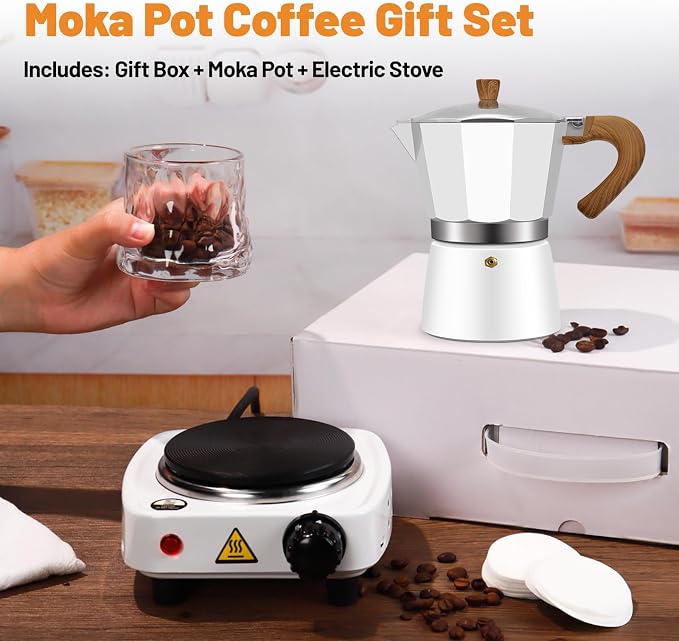 2-in-1 Aluminum Moka Pot Set with Electric Stove Classic Stovetop Espresso Coffee Maker 150ml 5oz Mocha Express Portable Gift Camping Travel Preferred Cafe Italian Cuban Café Brewing 3 Cup