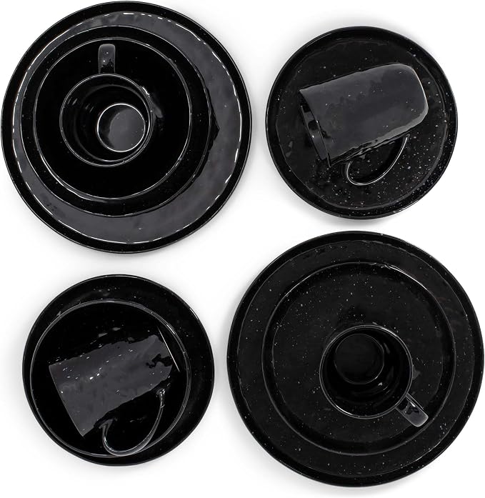 Elanze Designs Shiny Speckled Western Country Style Ceramic Plates Bowls Mugs Dinnerware 16 Piece Set - Service for 4, Black