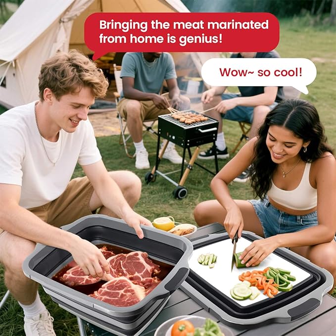 BBQ Prep Tub 3-IN-1 Large 30L Collapsible Cutting Board with Locking Lid for Meal Prep Marinating Food, Camping Sink with Colander, Dish Basin, Storage Blanket for Camping Picnic BBQ, Black