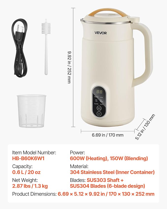 VEVOR 6-in-1 Nut Milk Maker, 20 oz Soy Milk Maker Machine with 6 Blades, for Homemade Oat, Nut, Soy, Juice, Plant-Based and Non Dairy Beverages with High-Temp Self-Cleaning, Boil Water, 12-Hour Delay