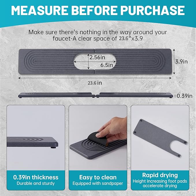 Stone Faucet Mat for Kitchen Sink with Oval Hole – 23.6" × 3.9" Diatomite Drying Stone Mat & Sink Protector, Quick-Dry Splash Guard Water-Absorbing Tray for Bathroom Counter（Dark Gray.23.6" x 3.9"）