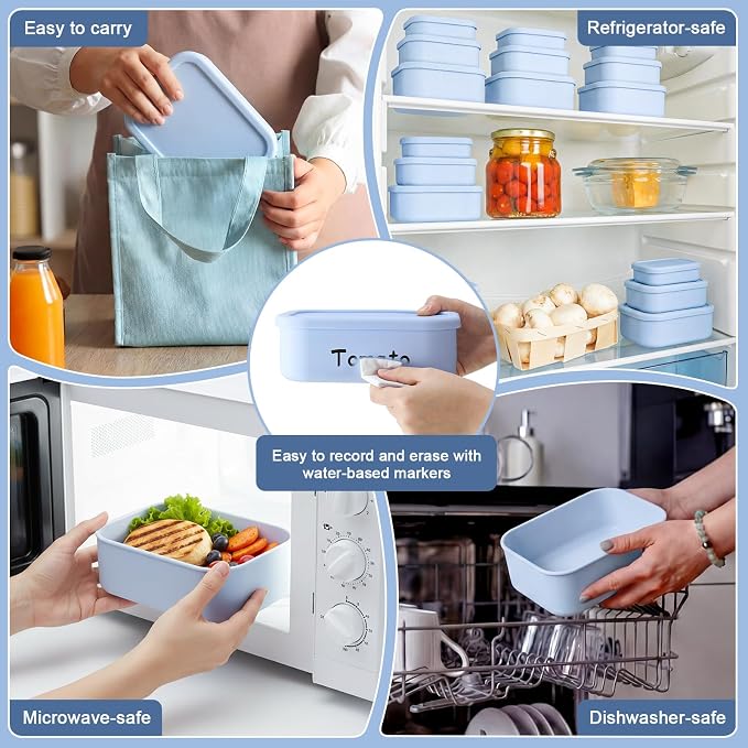 Blushtier 2 Sets of 6 Silicone Food Storage Containers, Reusable Lunch Bento Box with Lid, Hard Shell Storage Containers, Microwave Dishwasher Freezer Safe, 10 oz, 23.6 oz, 44 Ounce(Purple Blue)