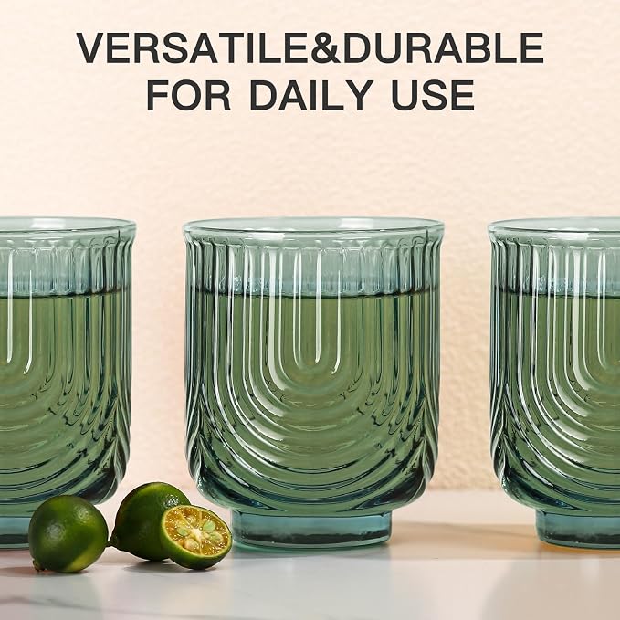 JOVGANK Green Vintage Glassware Set of 6-14Oz Green Water Drinking Glass, Art Deco Ripple Highball Glass, Whiskey Cocktail Glasses, for Bar Ice Coffee Juice, Housewarming Gifts Gift