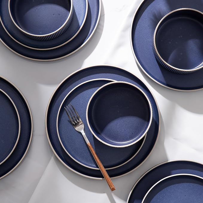 Dinnerware Set Service for 6, 18-Piece Ceramic Plates and Bowls Set, Chip & Scratch Resistant, Microwave and Dishwasher Safe, Modern Minimalist Tableware for Everyday Use, Matte Blue