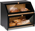 HOMEKOKO Double Layer Large Bread Box, Wooden Bread Storage Bin, Black | Large Capacity, For Kitchen Counter, See Through, Easy Assembly