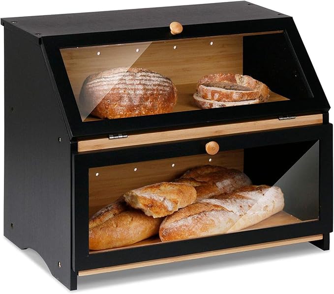 HOMEKOKO Double Layer Large Bread Box, Wooden Bread Storage Bin, Black | Large Capacity, For Kitchen Counter, See Through, Easy Assembly