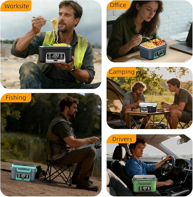 XL 6.3-Cups Cordless Electric Heated Lunch Box for Adults, Rechargeable Battery Powered Smart Self Heating Lunchbox for Men Women, 100W Food Warmer for Trucks Driver Travel Office Worker