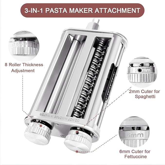 Pasta Maker Attachment for KitchenAid Stand Mixers, 3-in-1 Pasta Roller & Cutter Set with Spaghetti and Fettuccine Cutter Blades, Adjustable 8 Thickness Settings, Durable Metal Construction