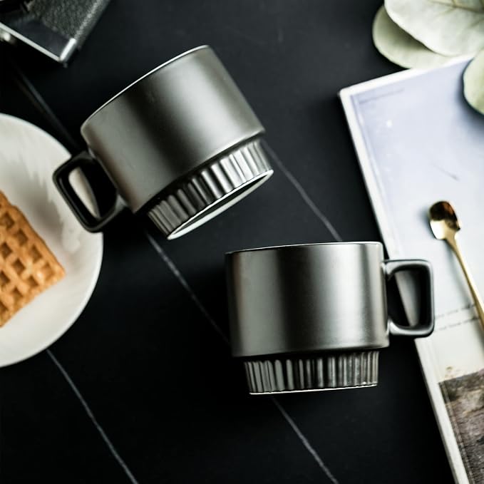 Miamolo Stackable Coffee Mugs with Stand Set of 4, Space-saving Storage | 11oz, Ceramic Latte Mugs | for Espresso Cappuccino Tea Hot Cocoa | Dishwasher & Microwave Safe | Housewarming Gift | Black