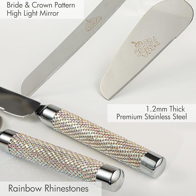 Wedding Cake Knife and Server Set, Mr and Mrs Champagne Flutes Glasses for Bride and Groom Decorated with Colorful Rhinestones, Wedding Gifts for Newly Engaged Couple (Silver)