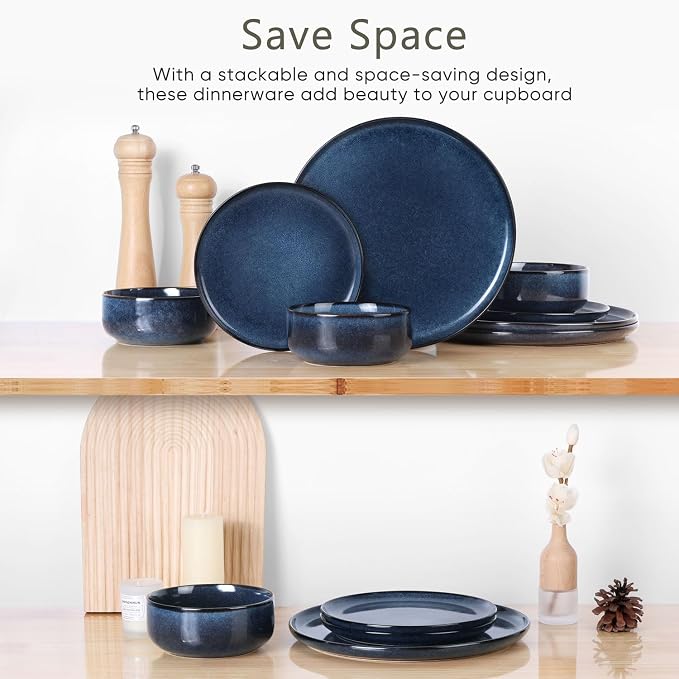 Herogo 12 Pieces Dinnerware Sets Stoneware Service for 4, Dinner Plates and Bowls Sets, Double Reactive Glaze Dishes Set for Kitchen, Scratch Resistant, Microwave & Dishwasher Safe, Starry Blue