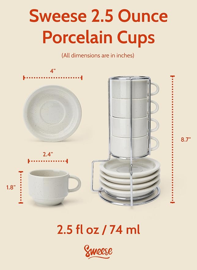 Sweese Porcelain Espresso Cups Set, 2.5 oz, with Saucers, Metal Stand, Stackable - Dove Grey, 4 Pack