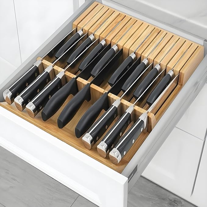 Bamboo Knife Drawer Storage Organizer Insert | 17-Slot Kitchen Knife Block with Anti-Slip Design| Space-Saving Kitchen Storage (16.6"x11.6"x2.1")