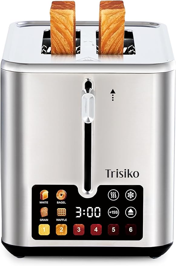 Trisiko® Touch Screen Toaster 2 Slice, Stainless Steel Smart Toaster with Digital Timer, 1.38" Extra-Wide Slots for Bread& Bagel, Great for Home, Office,Dorm