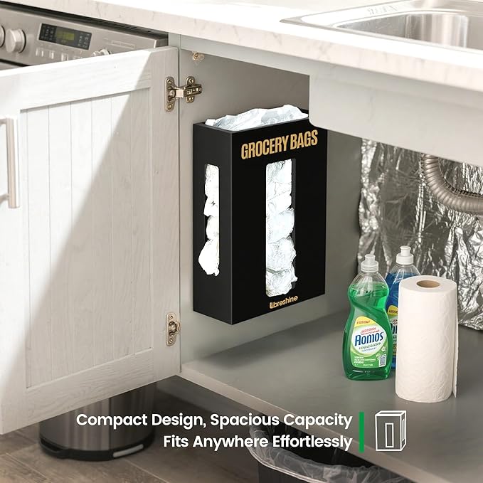 Libreshine Extra Large Black Bamboo Grocery Bag Holder for Plastic Bags, Under Sink Cabinet or Wall Mounted Organizer, Space-Saving Bag Dispenser for Kitchen, Pantry, Laundry Room, Garage