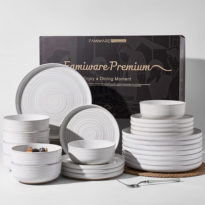 24-Piece Reactive Glaze Stoneware Dinnerware Sets for 8 - Coupe Plates & Bowls with Speckles & Spirals - Chip & Scratch Resistant Dishes, Microwave & Dishwasher Safe - Gift Box, White