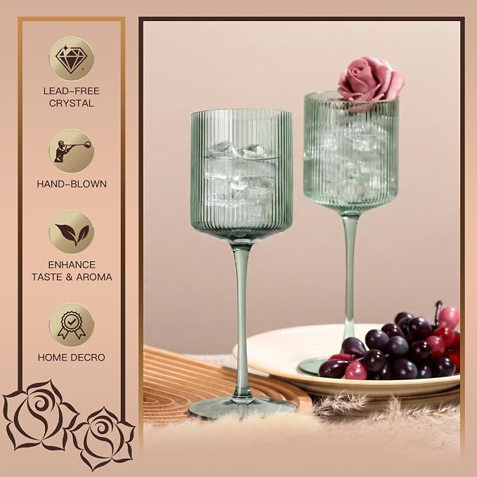 Sage Green Square Wine Glasses Set of 6, Elegant Ribbed Design Green Crystal Glassware with Long Stem, 11.5oz Hand Blown Red & White Wine Stemware For Home Dinner Party Wedding Housewarming Gift