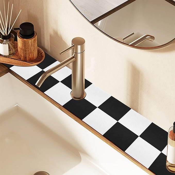 Kitchen Sink Splash Guard 2 PCS 14.7 Inch Sink Faucet Mat Splash Guard for Bathroom Countertop Water Absorbent Foldable Cuttable Soft Washable Checkered Black and White