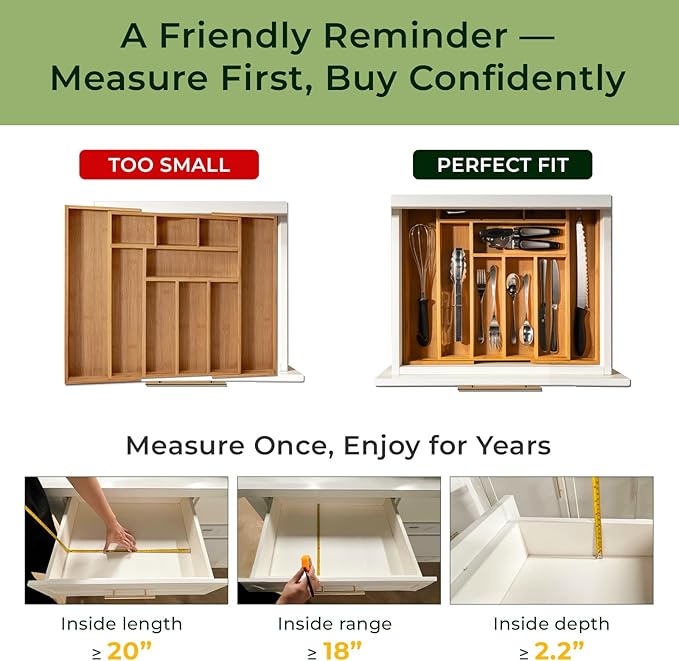 keechee 6-Piece Bamboo Drawer Organizer Set, 2.2" Deep Multi-Use Organizers for Utensils, Silverware, Cutlery, Desk, Bathroom, Junk Drawer & Makeup, Non-Slip Feet Included.
