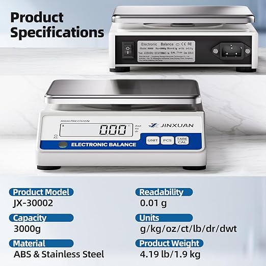 Digital Lab Scale 3000g Gram Scale 0.01g Accuracy Electronic Precision Scale Scientific Analytical Balance Scale Jewelry Scale for Gold Diamond Powder Kitchen, with 500g Weight Backlit LCD