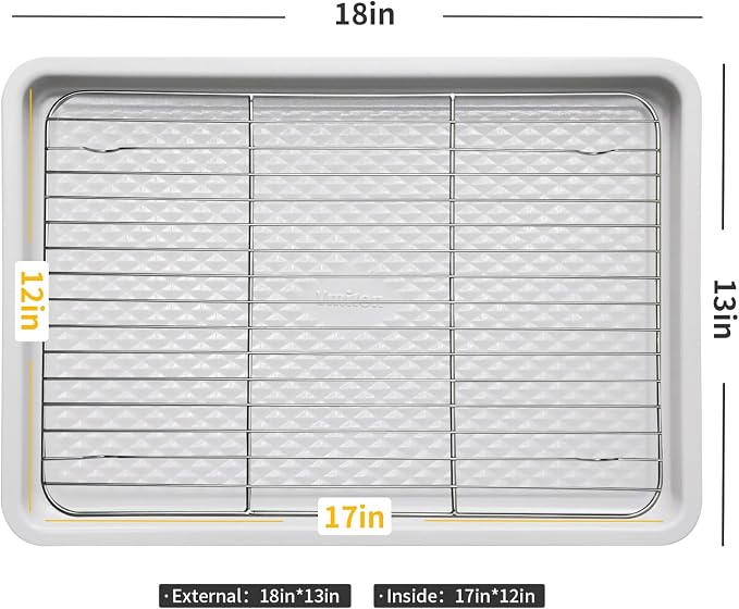 Nonstick Ceramic Baking Sheet With Rack, 2-Pack Half Sheet Pan, Non-Toxic, PTFE & PFOA Free, Warp-Free, Oven Safe 550°F, Dishwasher Safe, Aluminized Steel, Gray Yellow