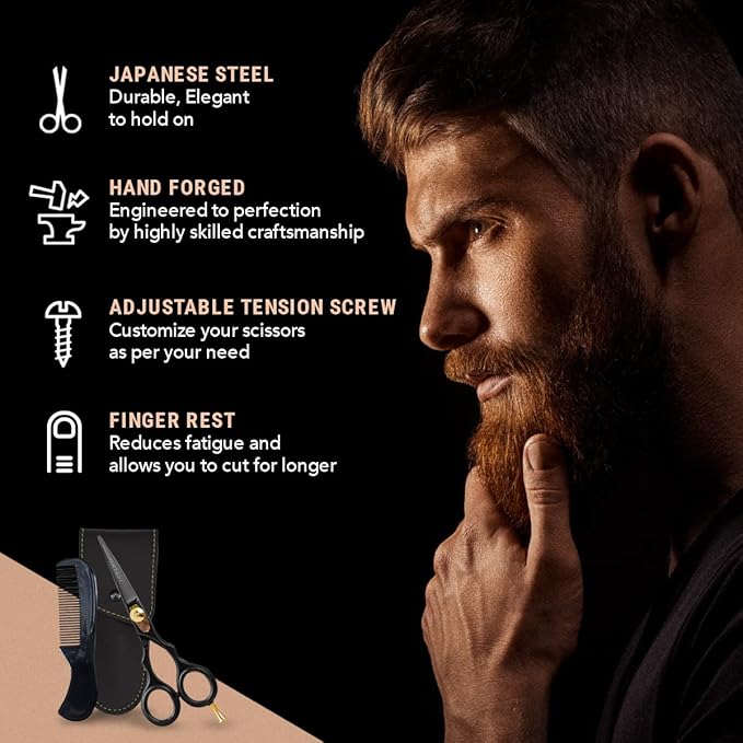 Ontaki Beard & Mustache Scissors for Men - 5.5" Japanese Steel, Black - Precision Sharp Blades, Ergonomic Finger Rest & Adjustable Tension Screw for Perfect Trimming - Beard Scissors for Men