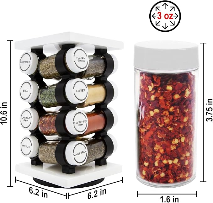 Orii 16 Jar Rotating White Spice Rack | Spices Included, 5-Year Spice Refill Program, Compact Countertop, Glass Jars