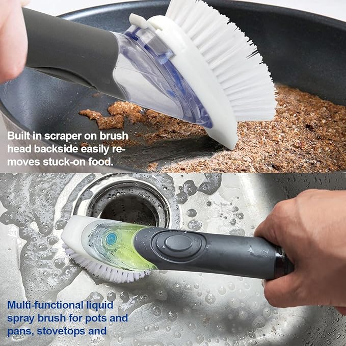CELOX Dish Brush with Soap Dispenser for Cleaning Pots, Dishes, Bowls, Gray and 2 Pack Dish Brush with Soap Dispenser for Kitchen Cleaning