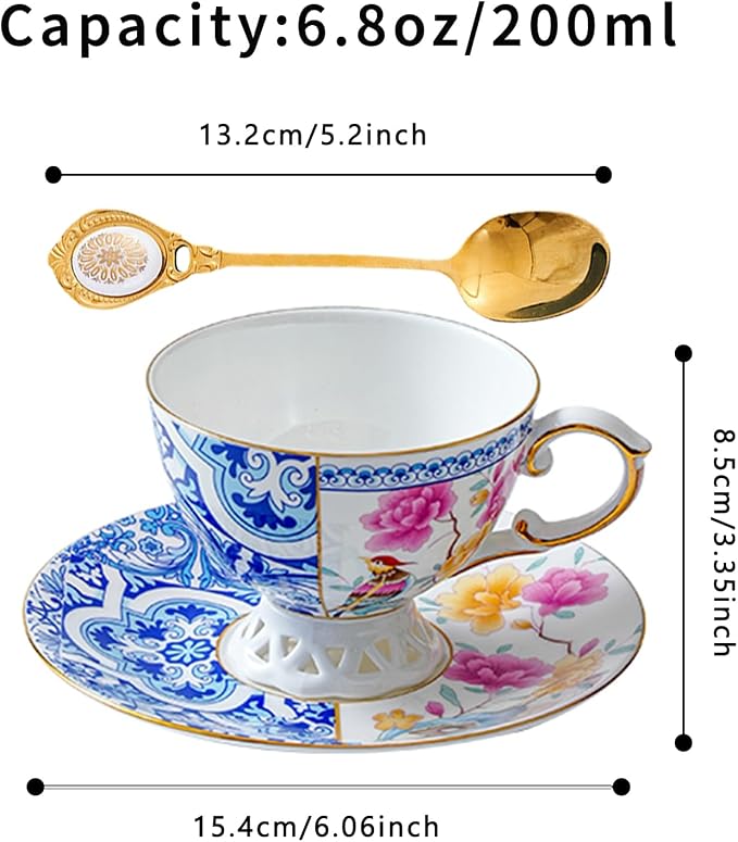 Bone China Cup & Saucer Set, Ceramic Coffee Cup with Gold Trim, Porcelain Floral Tea Cup with Saucer & Spoon, Food Grade Coffee Mug for Women, Tea Party, Gifts Giving, 6.8 oz