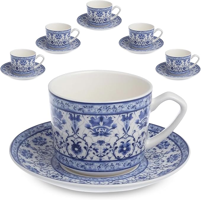 Zagara Home Mardin Porcelain Coffee Cup Set of 6, Espresso Cups and Saucers Set, Turkish Coffee Cups, French Coffee Cups, Lightweight Porcelain Vintage Small Cups for Coffee and Tea