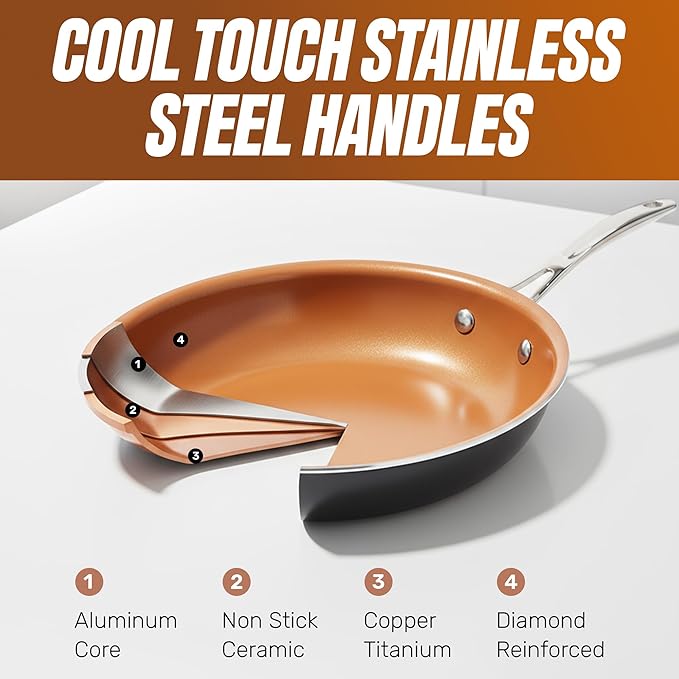 Gotham Steel 12 Pc Pots and Pans Set Non Stick Ceramic Cookware Set | Non Toxic PFOA/PFOS/PTFE Free, Stay Cool Stainless Steel Handles, Dishwasher and Oven Safe, Copper