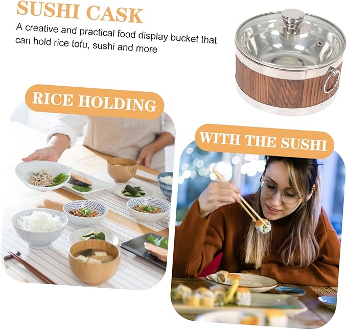 Wooden Rice Bucket with Lid Steamed Rice Holder Food Storage Container for Sushi Tofu More for Home Dining and Meal Prep