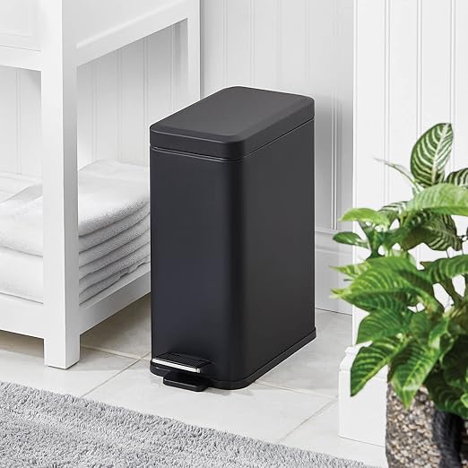 mDesign Pedal Bin — Waste Bin with Pedal, Lid and Plastic Bucket Insert for Bathroom, Kitchen, and Office — Metal Household Rubbish Bin with Ergonomic Design — Black