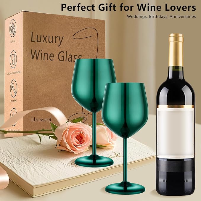 UNISWEET Stainless Steel Wine Glasses Set of 4 Unbreakable Wine Glass 18 oz Unique Metal Wine Goblets for Outdoor, Travel, Camping, Pool, Ideal Gift for Wine Lovers (Green)