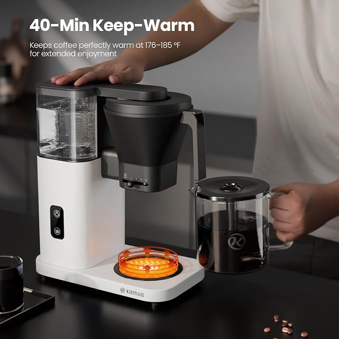 Kismile SCA-Certified 8 Cup Drip Coffee Maker, Pour Over Coffee Machine with 3s Instant Heat 197–205℉, Adjustable Flow Control, Removable Water Tank, Deep Cold Brew & 40 Min Keep Warm (Pearl White)