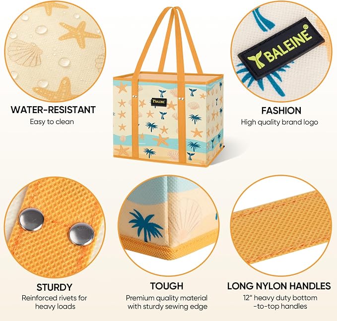 BALEINE 3Pk Reusable Grocery Bags, Foldable Shopping Bags for Groceries with Reinforced Bottom & Handles (Summer Beach-Yellow)