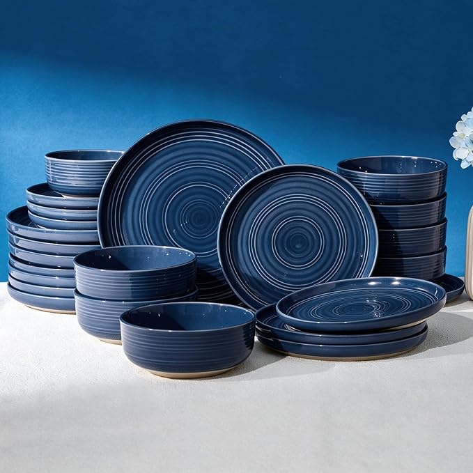 24-Piece Stoneware Dinnerware Sets for 8 - Farmhouse Coupe Plates and Bowls with Speckles & Spirals - Chip & Scratch Resistant, Microwave & Dishwasher Safe - Gift Box, Abysses Blue